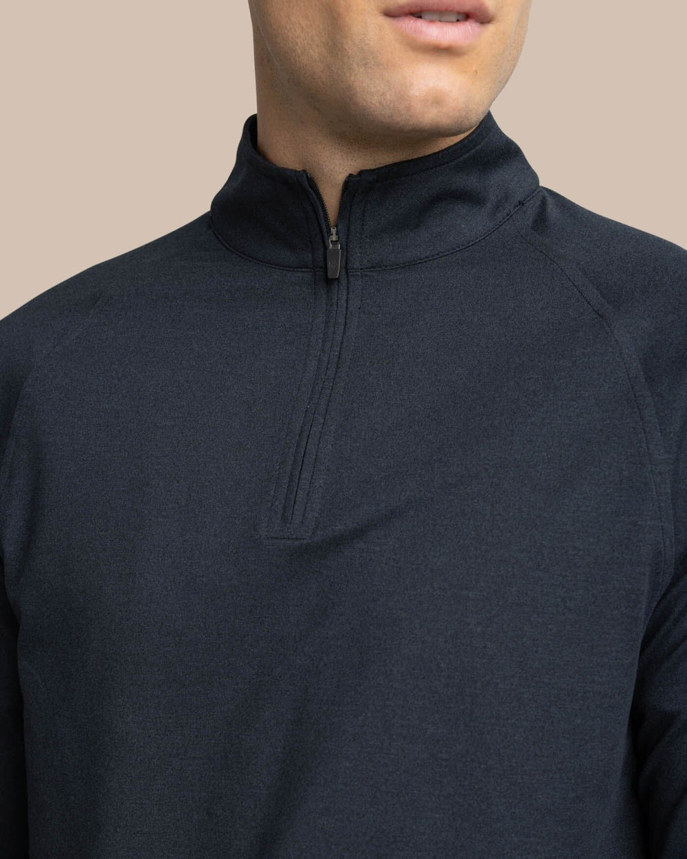 The detail view of the Southern Tide Cruiser Quarter Zip Pullover by Southern Tide - Heather Caviar Black
