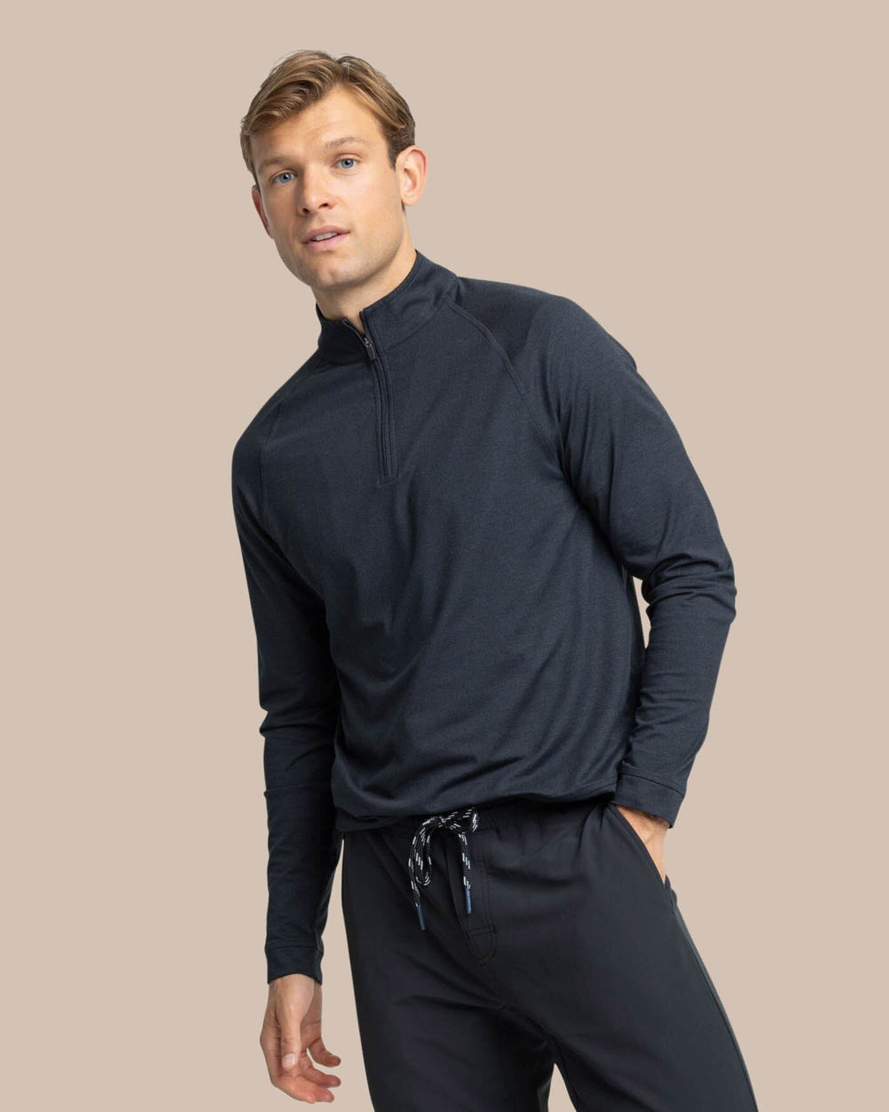 The front view of the Southern Tide Cruiser Quarter Zip Pullover by Southern Tide - Heather Caviar Black