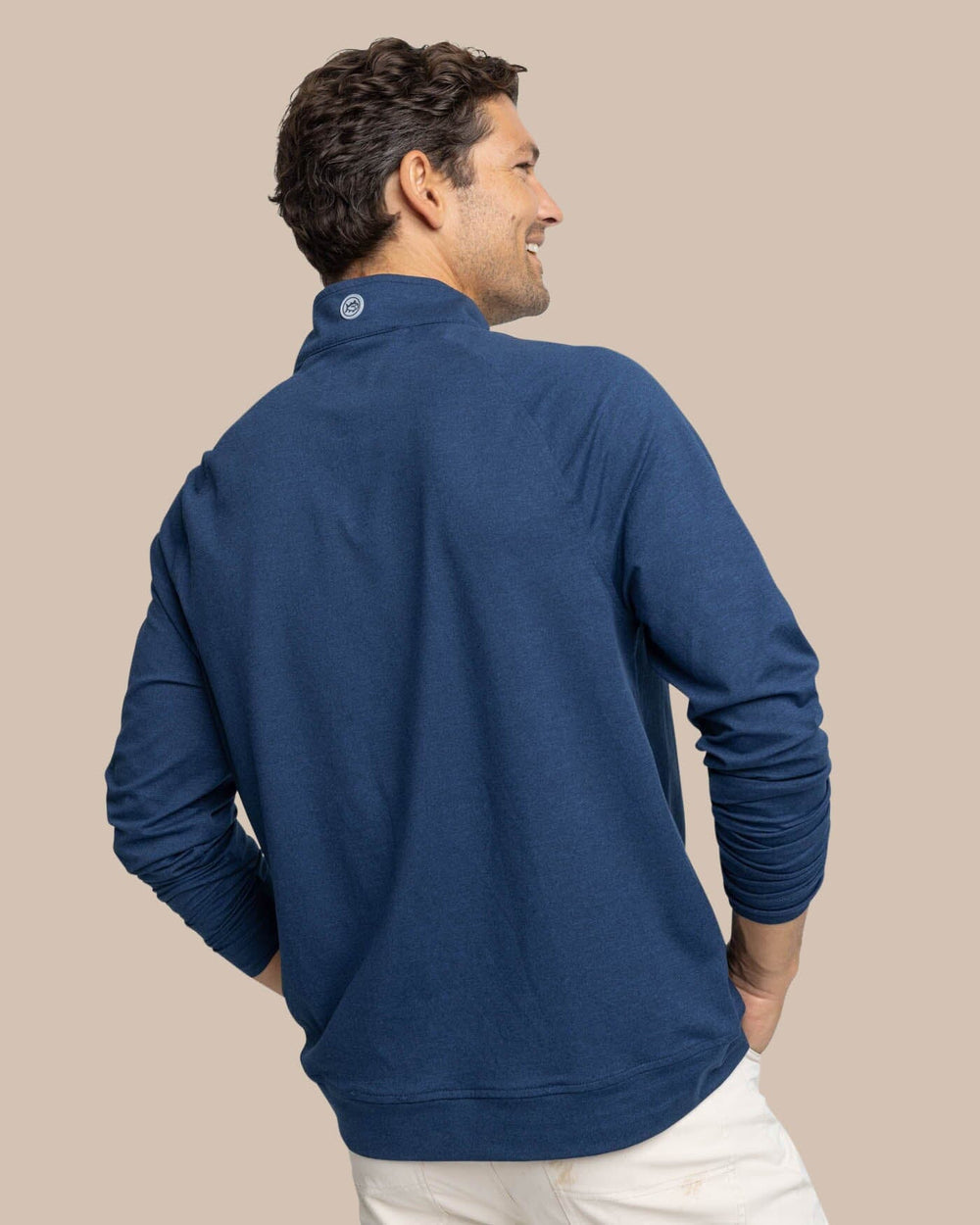The back view of the Southern Tide Cruiser Quarter Zip Pullover by Southern Tide - Heather Dress Blue