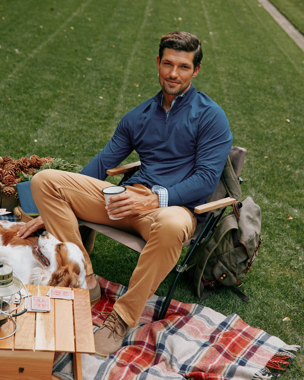 The front view of the Southern Tide Cruiser Quarter Zip Pullover by Southern Tide - Heather Dress Blue