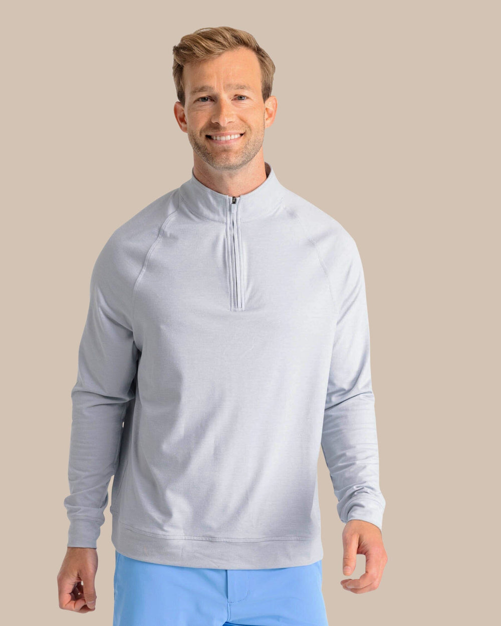 The front view of the Southern Tide Cruiser Quarter Zip by Southern Tide - Heather Slate Grey
