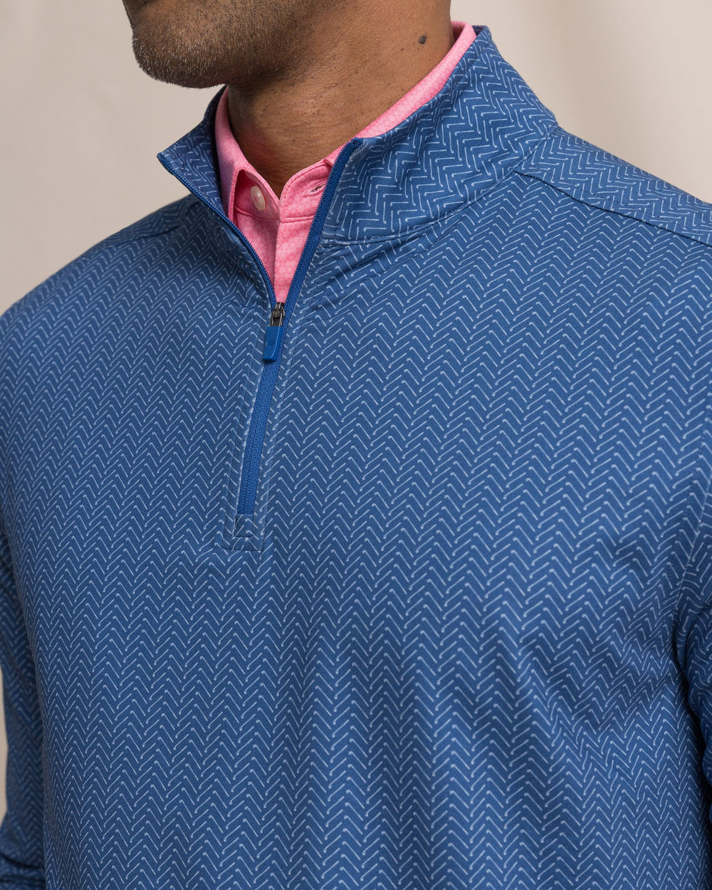 The detail view of the Southern Tide Cruiser Raise The Par Printed Quarter Zip by Southern Tide - Nautical Blue