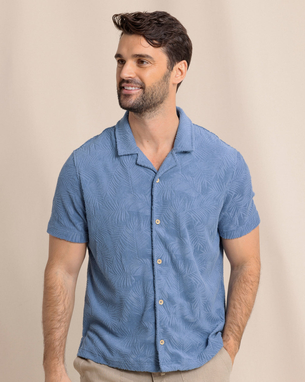 The front view of the Southern Tide Crystal Beach Terry Short Sleeve Camp Shirt by Southern Tide - Coronet Blue