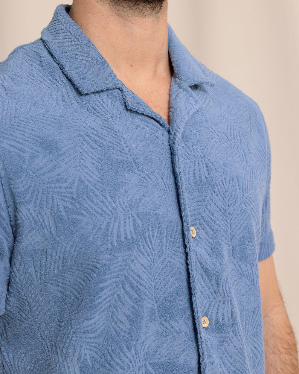 The front detail view of the Southern Tide Crystal Beach Terry Short Sleeve Camp Shirt by Southern Tide - Coronet Blue