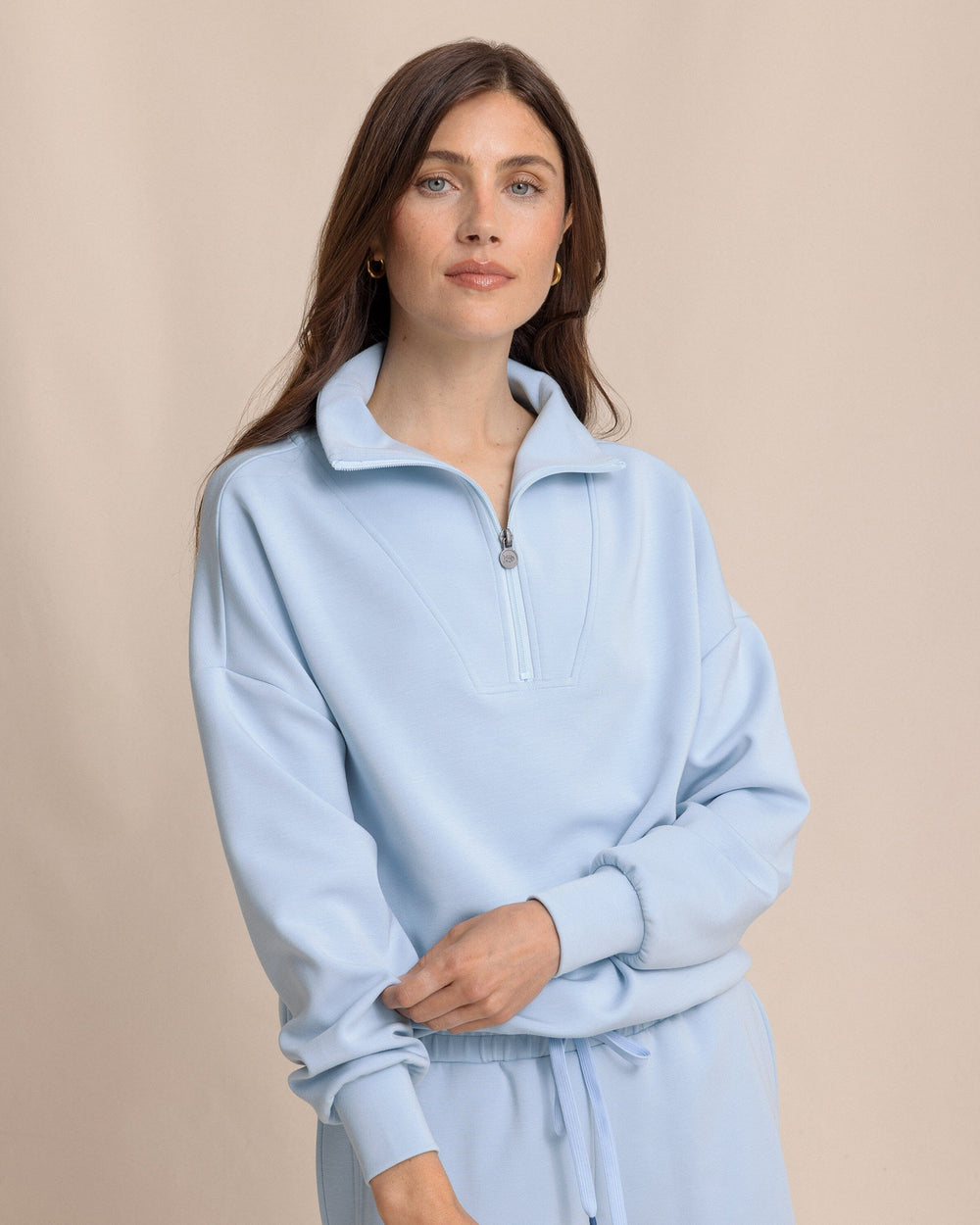 The front view of the Southern Tide Danielle Luxe Lounge Quarter Zip by Southern Tide - Cerulean