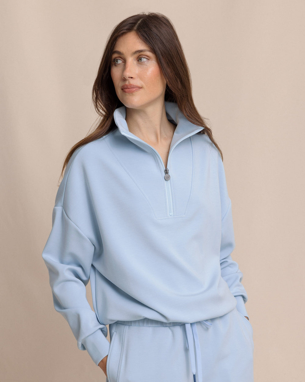 The side view of the Southern Tide Danielle Luxe Lounge Quarter Zip by Southern Tide - Cerulean