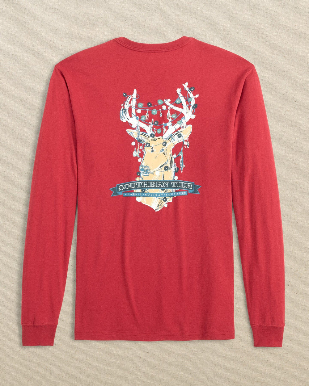 The back view of the Southern Tide Deermas Tree Long Sleeve T-Shirt by Southern Tide - Crimson