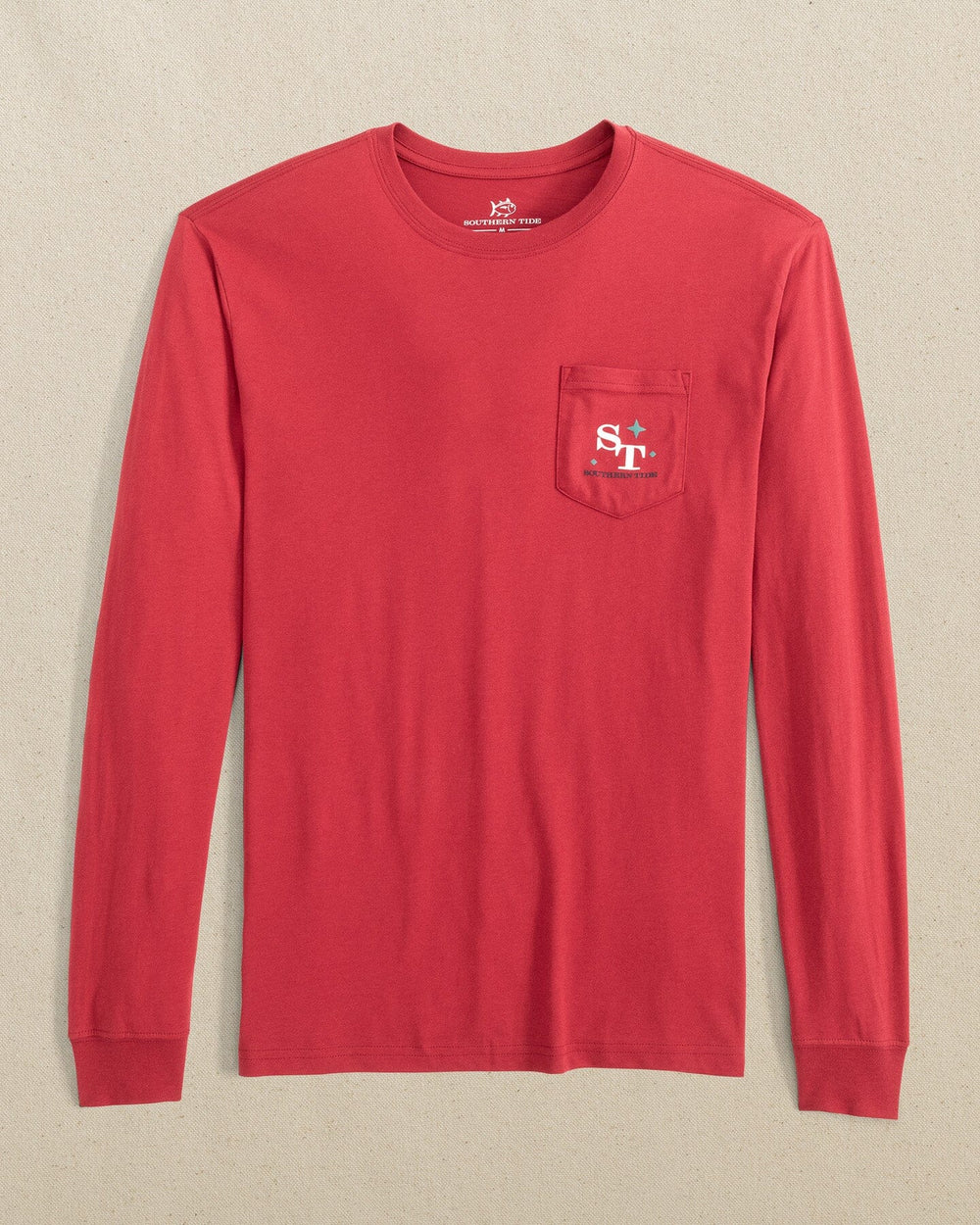 The front view of the Southern Tide Deermas Tree Long Sleeve T-Shirt by Southern Tide - Crimson