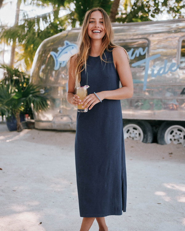 The lifestyle view of the Southern Tide Delaney Sun Farer Tank Dress by Southern Tide - Nautical Navy
