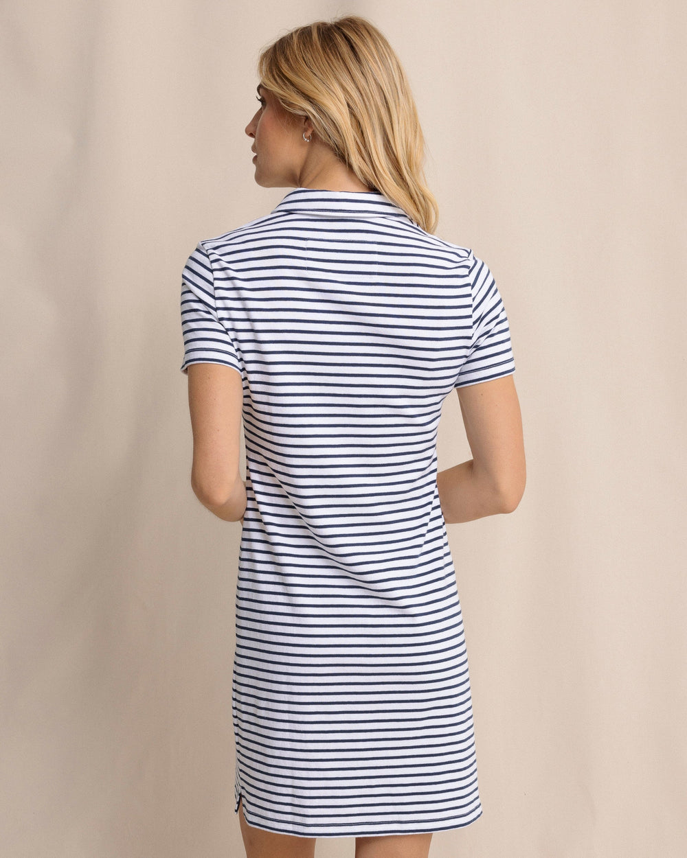 The back view of the Southern Tide Demi Stripe Short Sleeve Polo Dress by Southern Tide - Dress Blue