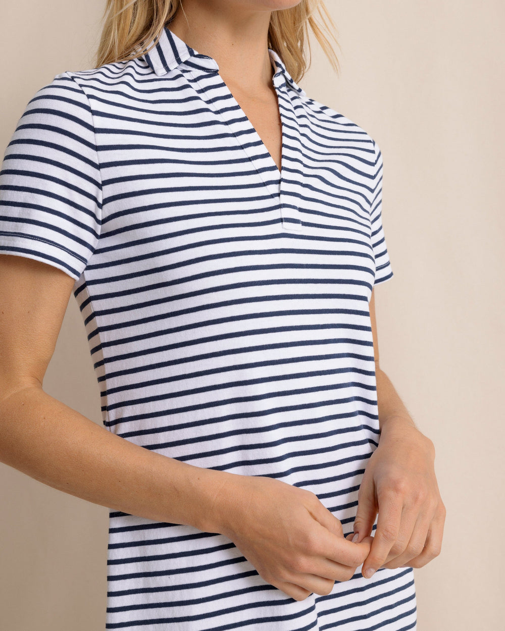 The front detail view of the Southern Tide Demi Stripe Short Sleeve Polo Dress by Southern Tide - Dress Blue
