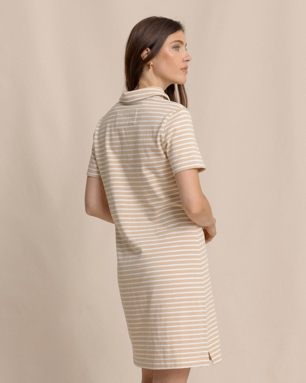The back view of the Southern Tide Demi Stripe Short Sleeve Polo Dress by Southern Tide - Irish Cream