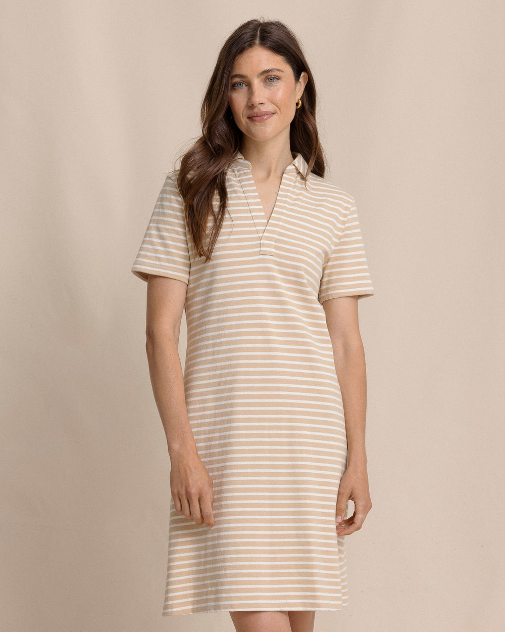 The front view of the Southern Tide Demi Stripe Short Sleeve Polo Dress by Southern Tide - Irish Cream