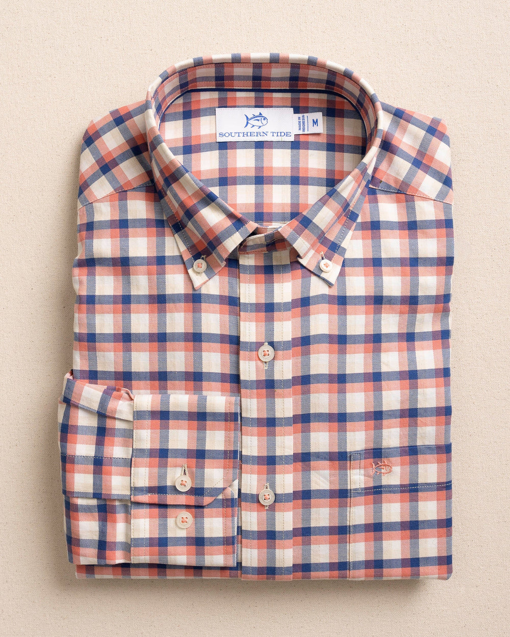 The front view of the Southern Tide Diamond Cove Heather Skipjack Sport Shirt by Southern Tide - Heather Coral Beach