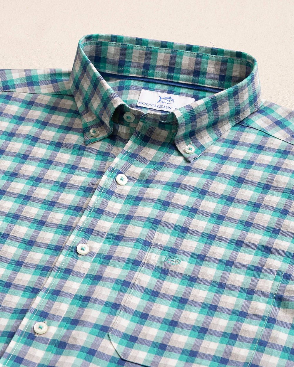 The detail view of the Southern Tide Diamond Cove Heather Skipjack Sport Shirt by Southern Tide - Heather Persian Green