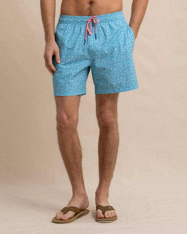 The front view of the Southern Tide Ditzy Floral Swim Trunk by Southern Tide - Ocean Aqua