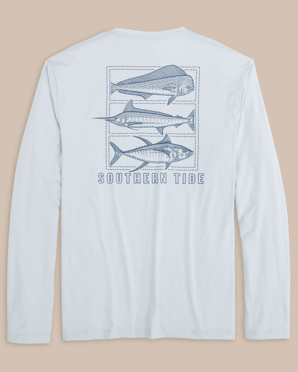 The back view of the Southern Tide Dotted Sportfish Stack Long Sleeve Performance T-Shirt by Southern Tide - Platinum Grey