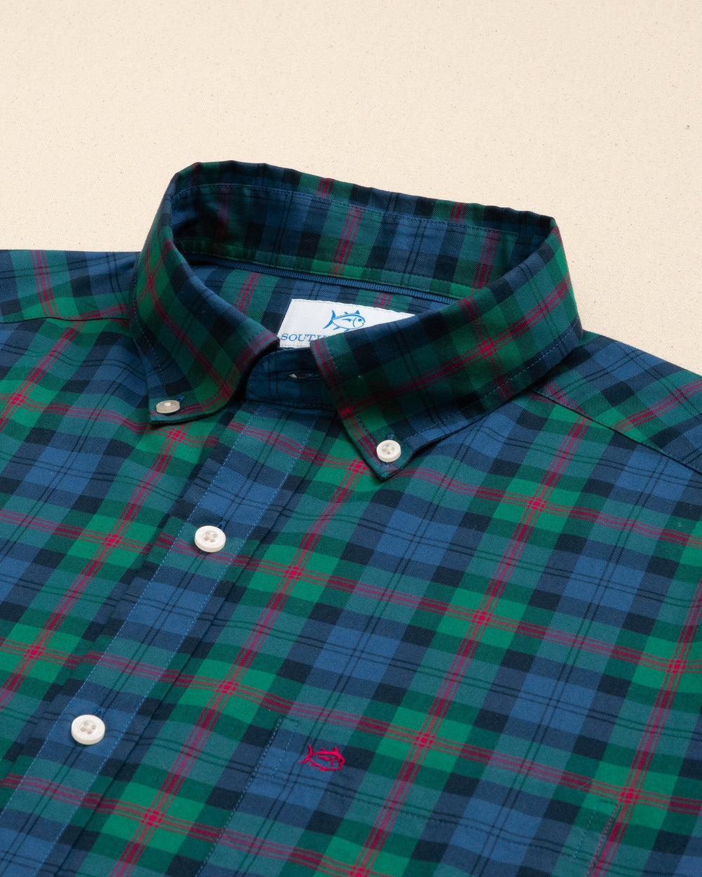 The detail view of the Southern Tide Driftwood Shores Skipjack Sport Shirt by Southern Tide - Green Grove