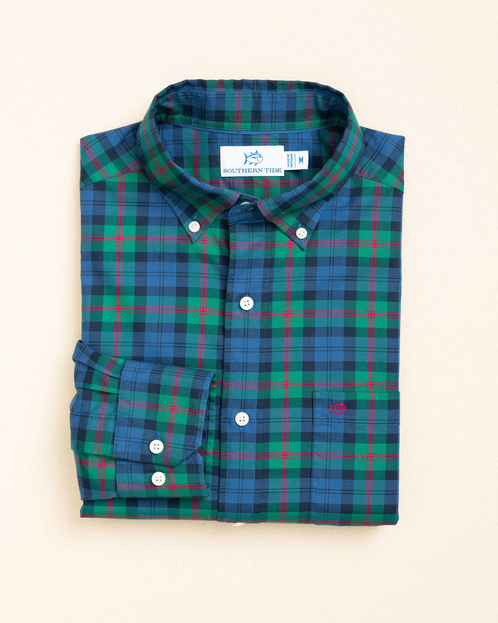The front view of the Southern Tide Driftwood Shores Skipjack Sport Shirt by Southern Tide - Green Grove