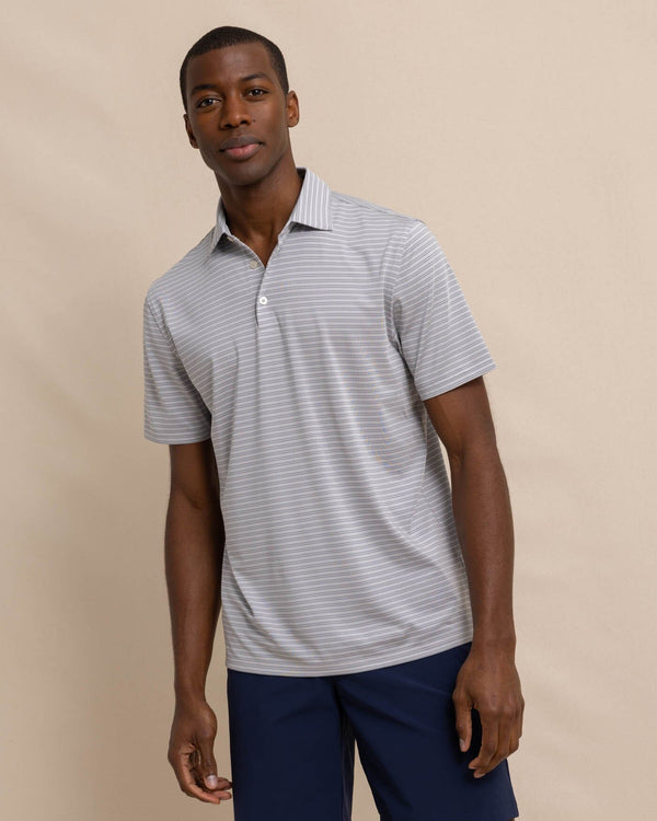 The front view of the Southern Tide Driver Baywoods Stripe Polo by Southern Tide - Platinum Grey