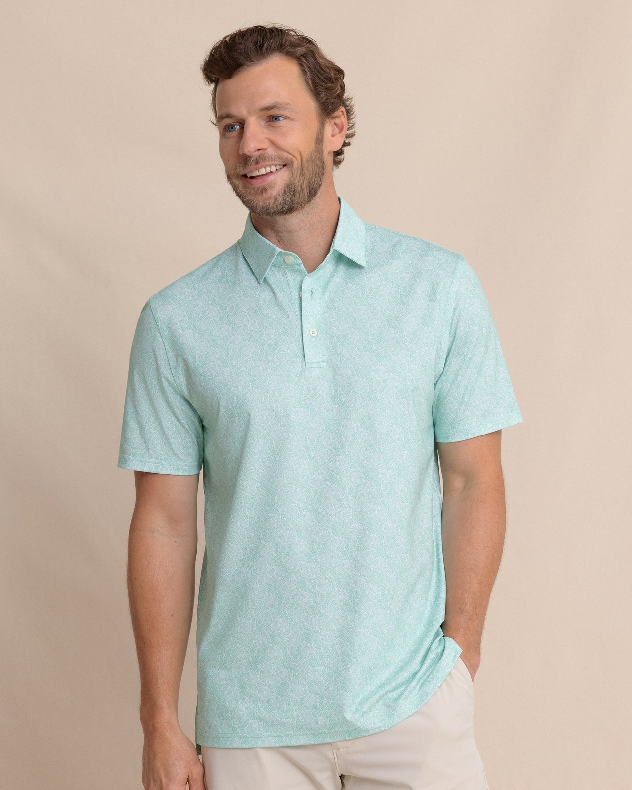 The front view of the Southern Tide Driver Beach Palms Printed Polo by Southern Tide - Garden Grove