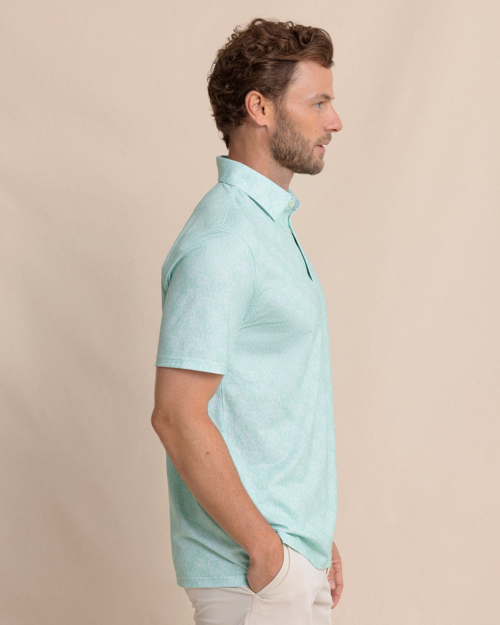 The side view of the Southern Tide Driver Beach Palms Printed Polo by Southern Tide - Garden Grove