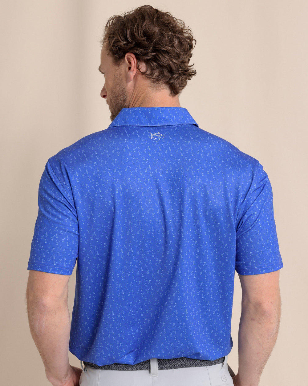 The back view of the Southern Tide Driver Beers Cheers Printed Polo by Southern Tide - Dazzling Blue