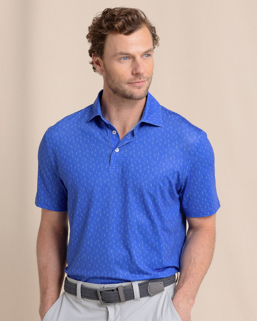 The front view of the Southern Tide Driver Beers Cheers Printed Polo by Southern Tide - Dazzling Blue