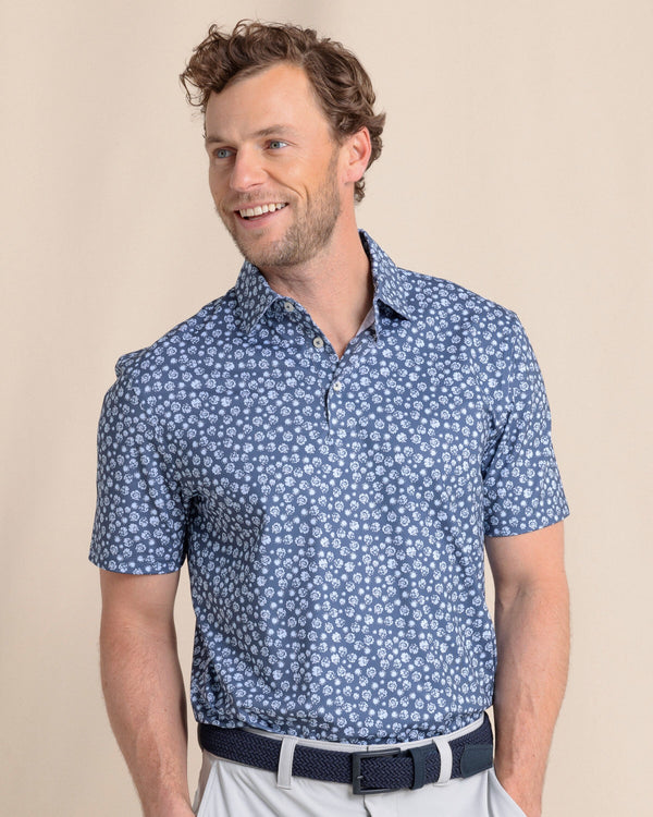 The front view of the Southern Tide Driver Blossom Bliss Printed Polo by Southern Tide - Light Indigo