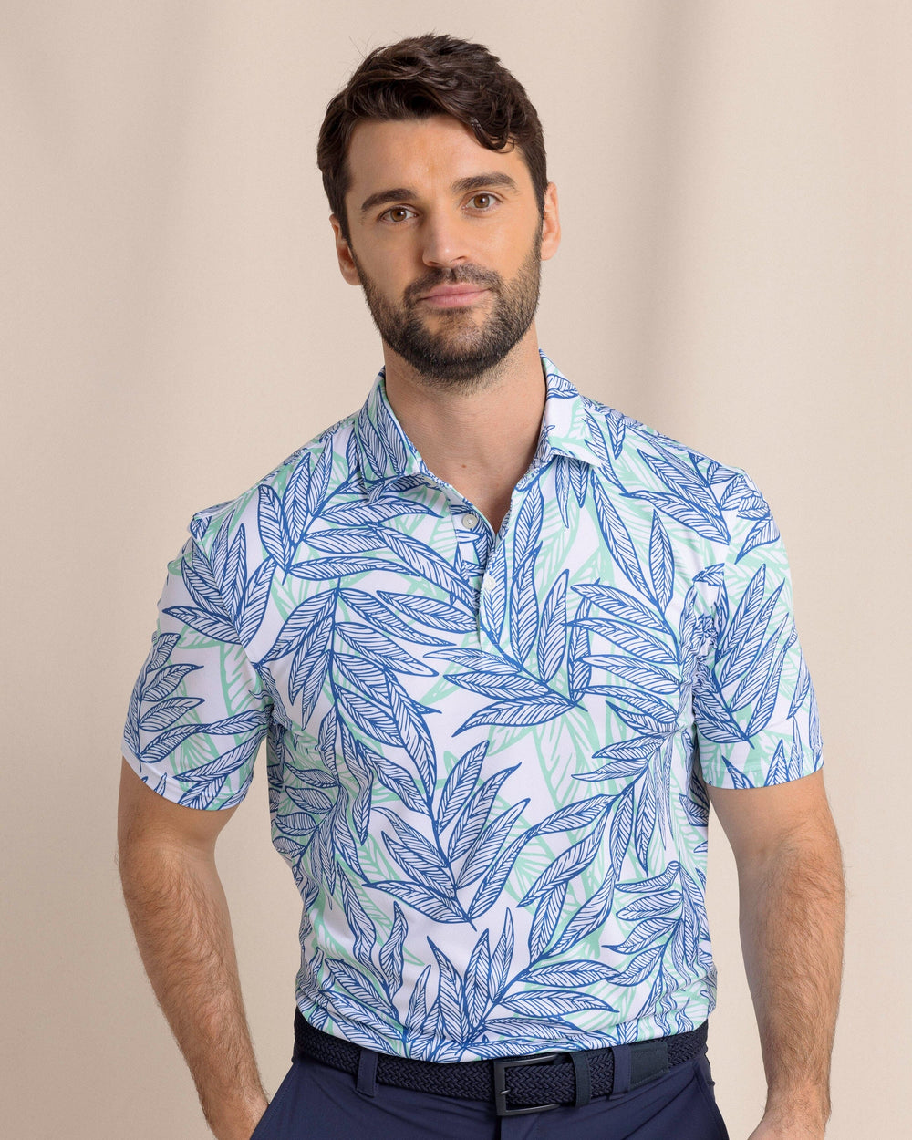 The front view of the Southern Tide Driver Blue Palms Polo by Southern Tide - Classic White