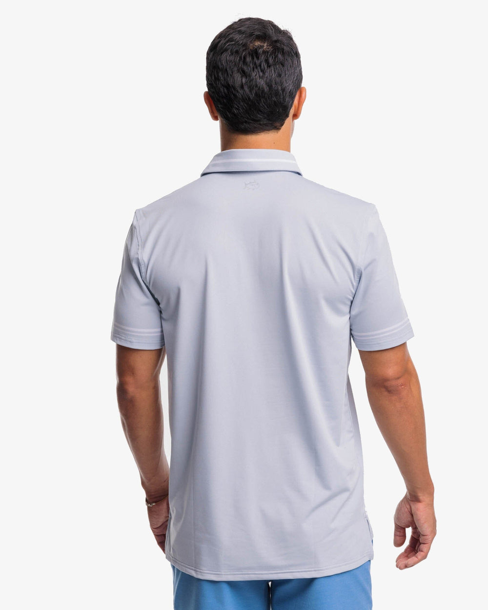 The back view of the Southern Tide Driver Brantley Stripe Performance Polo Shirt by Southern Tide - Slate Grey