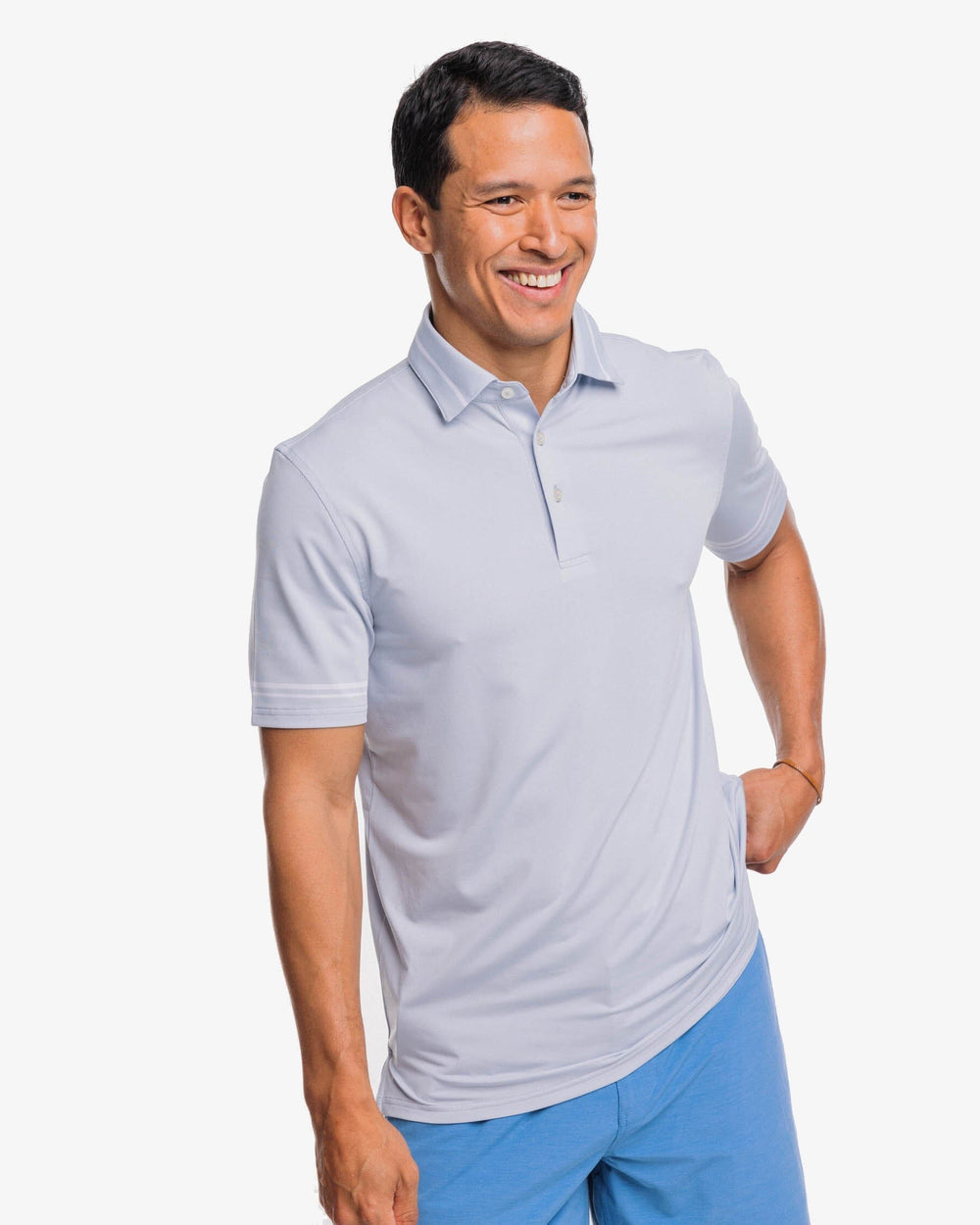 The front view of the Southern Tide Driver Brantley Stripe Performance Polo Shirt by Southern Tide - Slate Grey