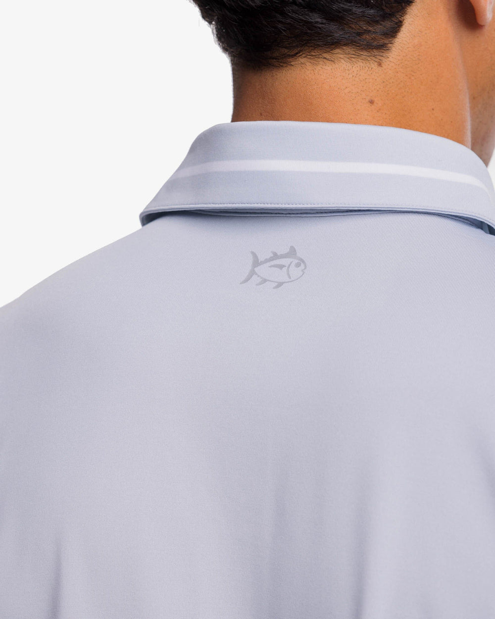 The yoke view of the Southern Tide Driver Brantley Stripe Performance Polo Shirt by Southern Tide - Slate Grey