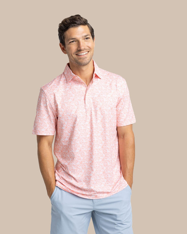 The front view of the Southern Tide Driver Caps Off Printed Polo by Southern Tide - Desert Flower Coral