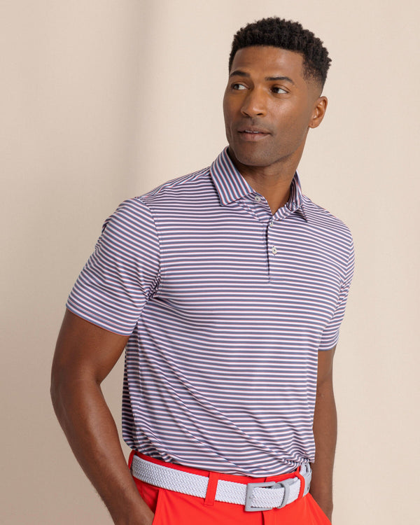 The front view of the Southern Tide Driver Caravel Stripe Polo by Southern Tide - Light Indigo