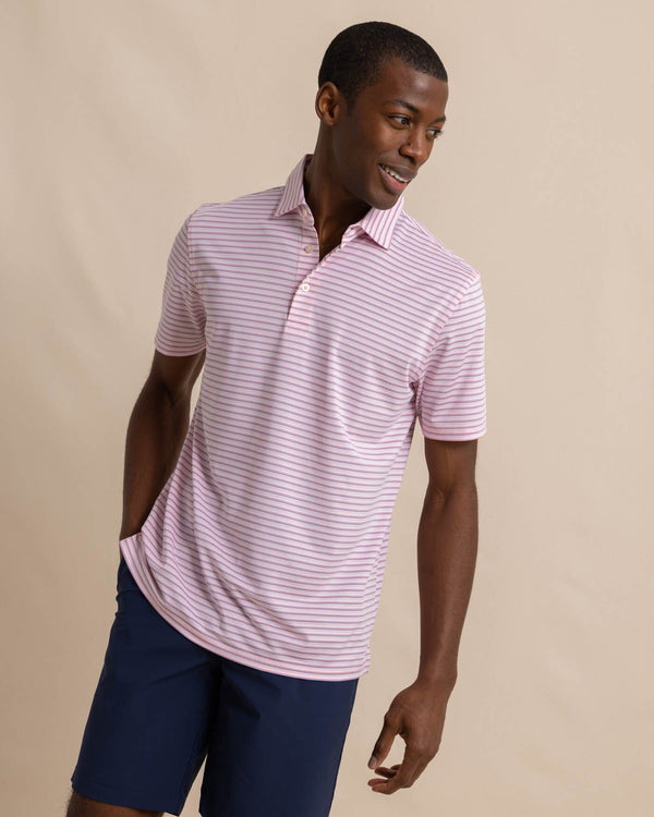 The front view of the Southern Tide Driver Carova Stripe Polo Shirt by Southern Tide - Light Pink