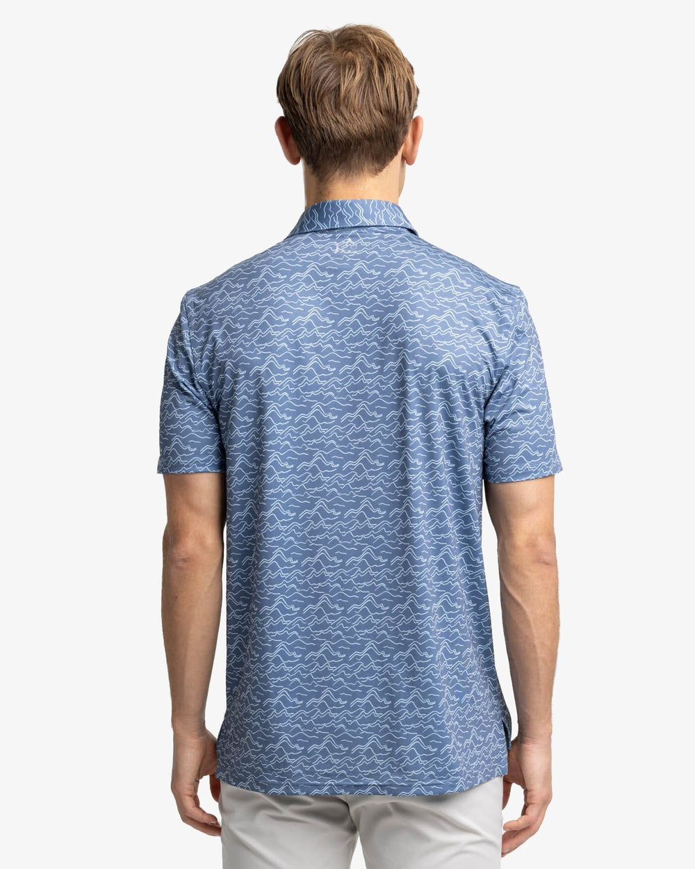 The back view of the Southern Tide Driver Change Your Altitude Printed Polo by Southern Tide - Blue Haze
