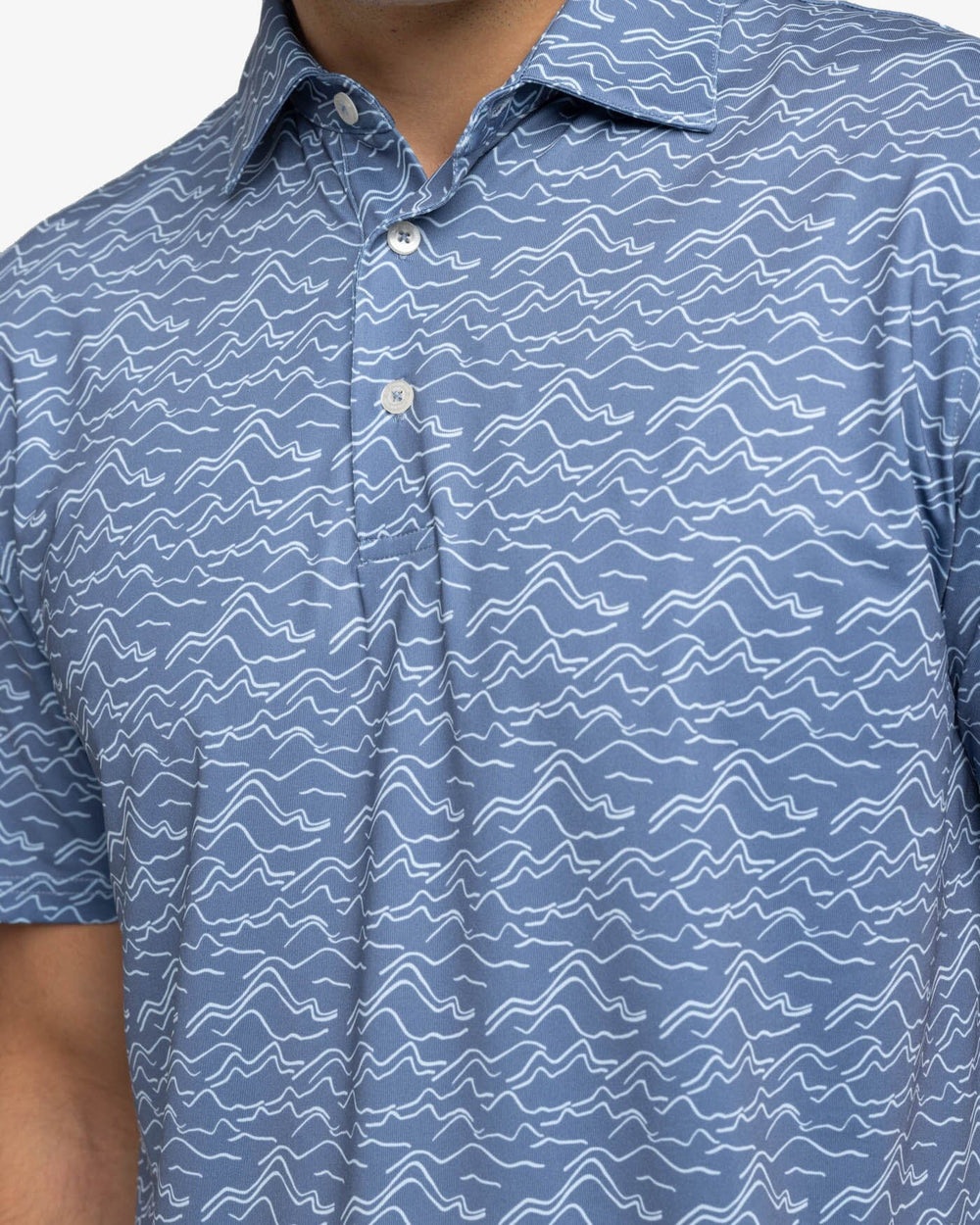 The detail view of the Southern Tide Driver Change Your Altitude Printed Polo by Southern Tide - Blue Haze