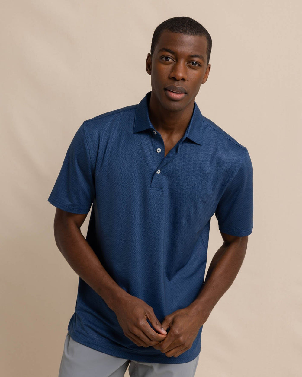 The front view of the Southern Tide Driver Coastal Geo Polo Shirt by Southern Tide - Dress Blue