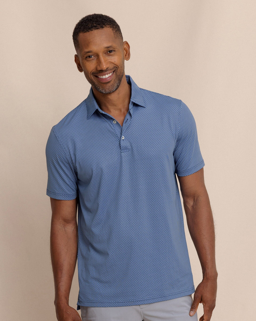 The front view of the Southern Tide Driver Coastal Geo Printed Polo by Southern Tide - Ocean Channel