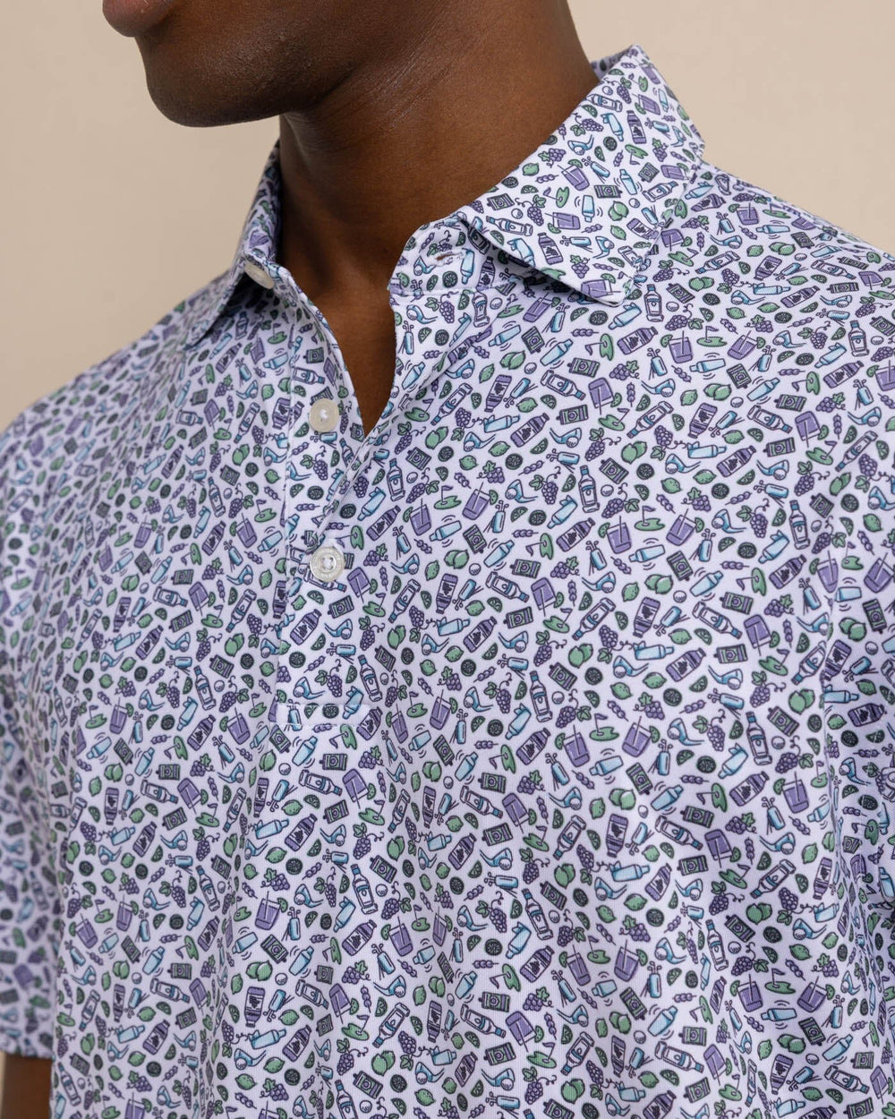 The detail view of the Southern Tide Driver Dazed and Transfused Printed Polo by Southern Tide - Classic White
