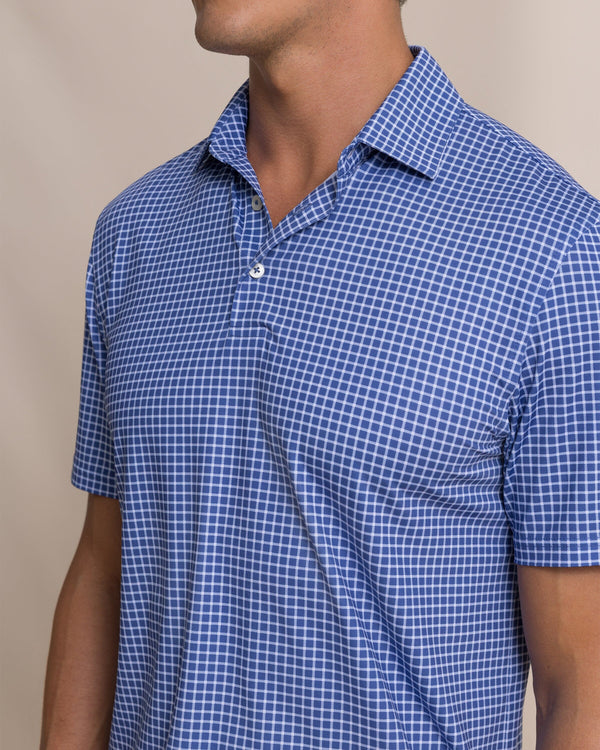 The detail view of the Southern Tide Driver Dunes Edge Plaid Polo by Southern Tide - Nautical Blue