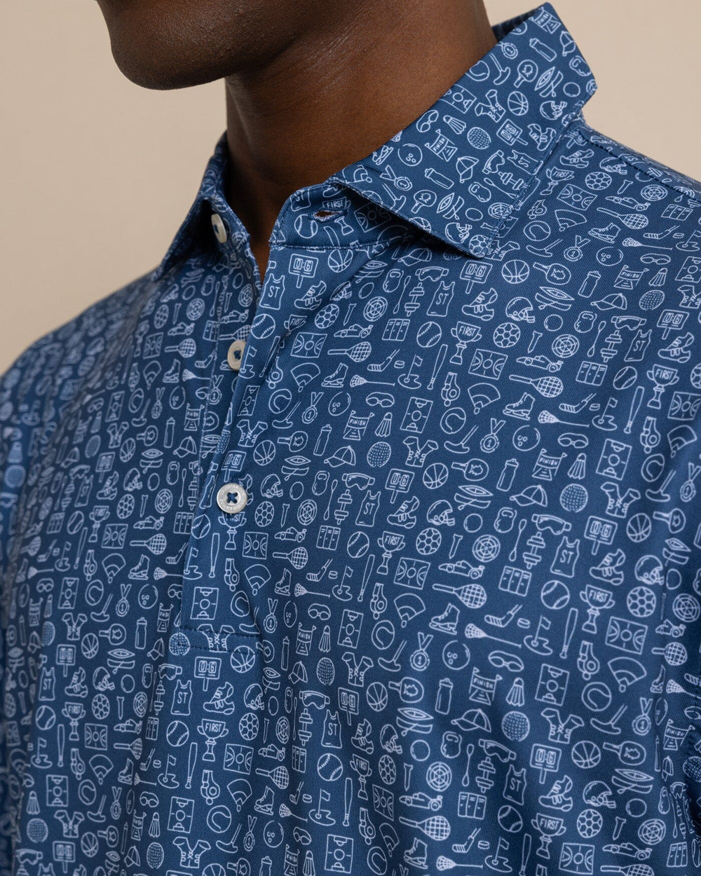 The detail view of the Southern Tide Driver Finally Friday Polo by Southern Tide - Aged Denim