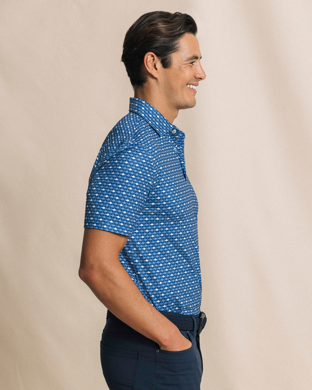 The side view of the Southern Tide Driver Fintastic Frenzy Printed Polo by Southern Tide - Ocean Channel