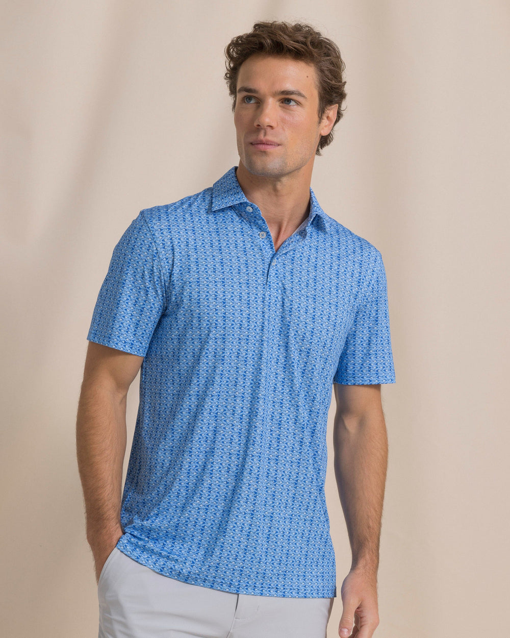The front view of the Southern Tide Driver Fish Printed Polo by Southern Tide - Ocean Channel
