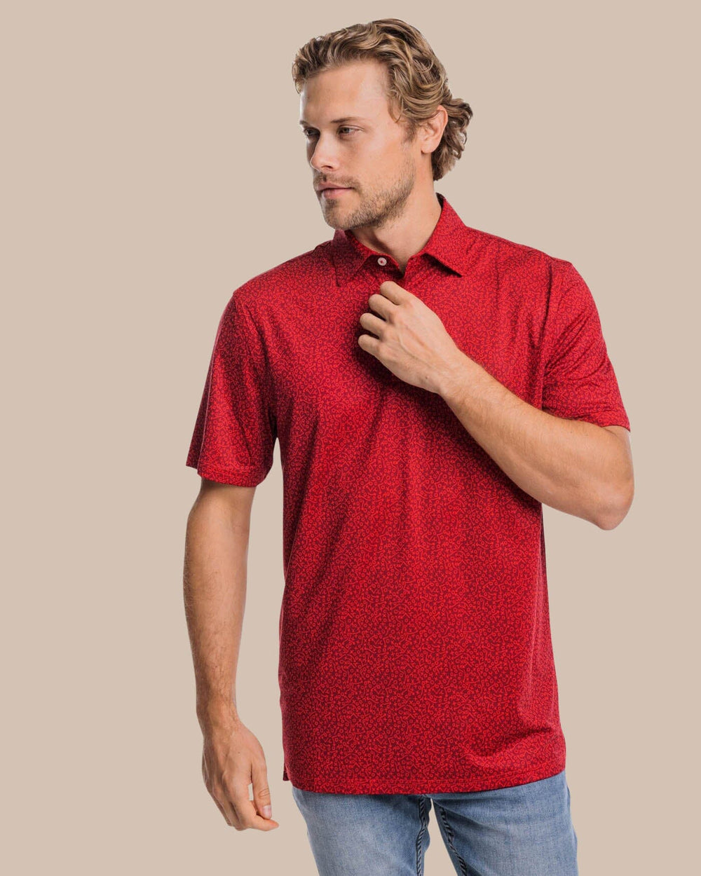 The front view of the Southern Tide Driver Gameplay Polo by Southern Tide - Chianti