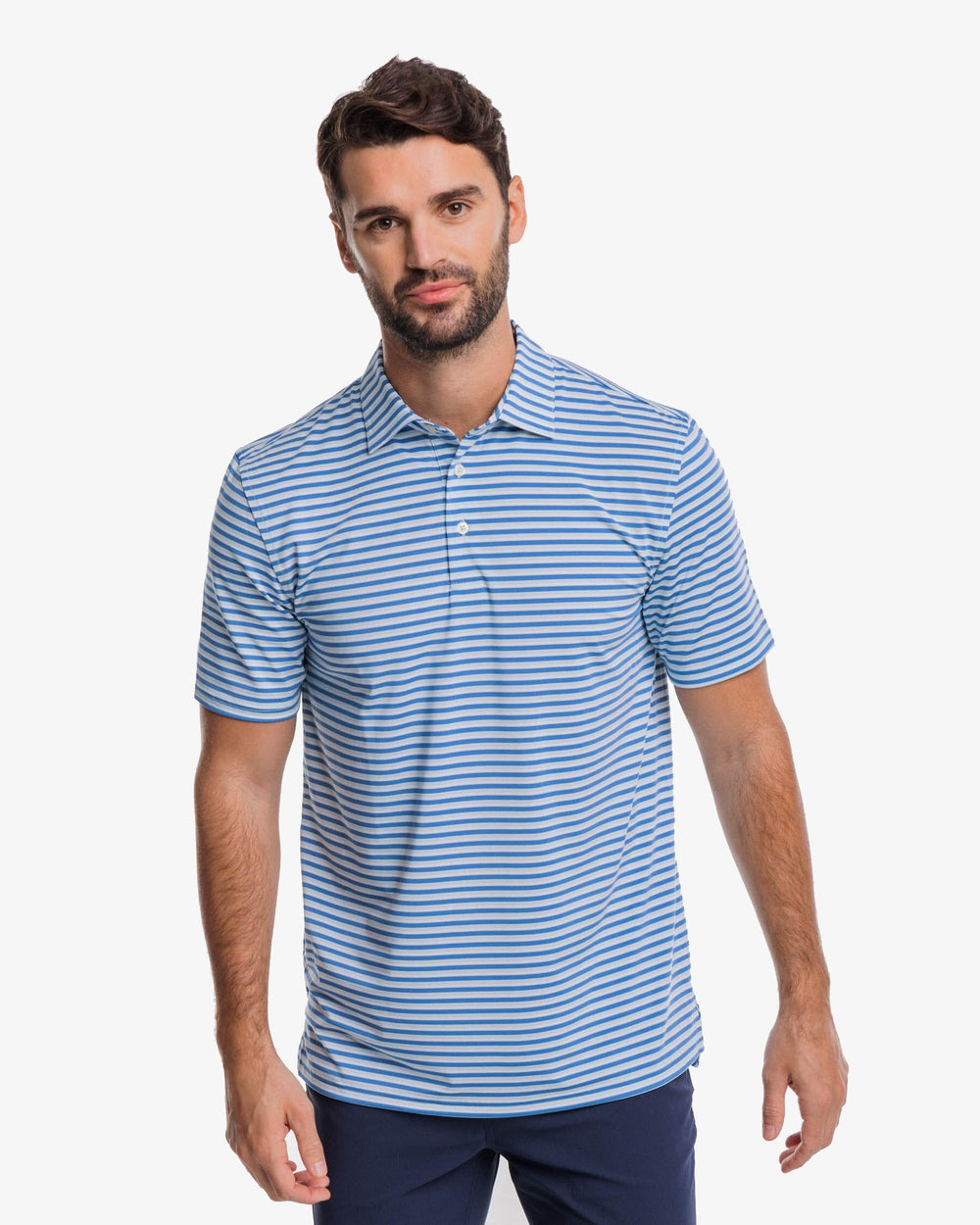 The front view of the Southern Tide Driver Gulf Stripe Polo Shirt by Southern Tide - Atlantic Blue
