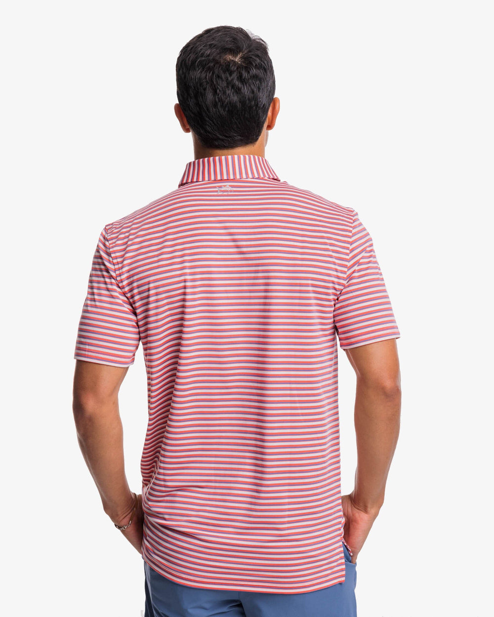 The back view of the Southern Tide Driver Gulf Stripe Polo Shirt by Southern Tide - Rosewood Red