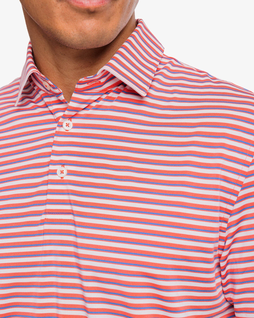 The detail view of the Southern Tide Driver Gulf Stripe Polo Shirt by Southern Tide - Rosewood Red