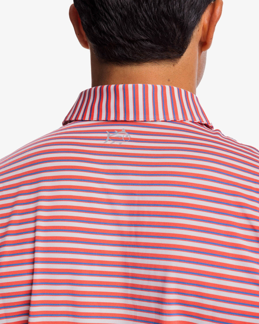 The yoke view of the Southern Tide Driver Gulf Stripe Polo Shirt by Southern Tide - Rosewood Red
